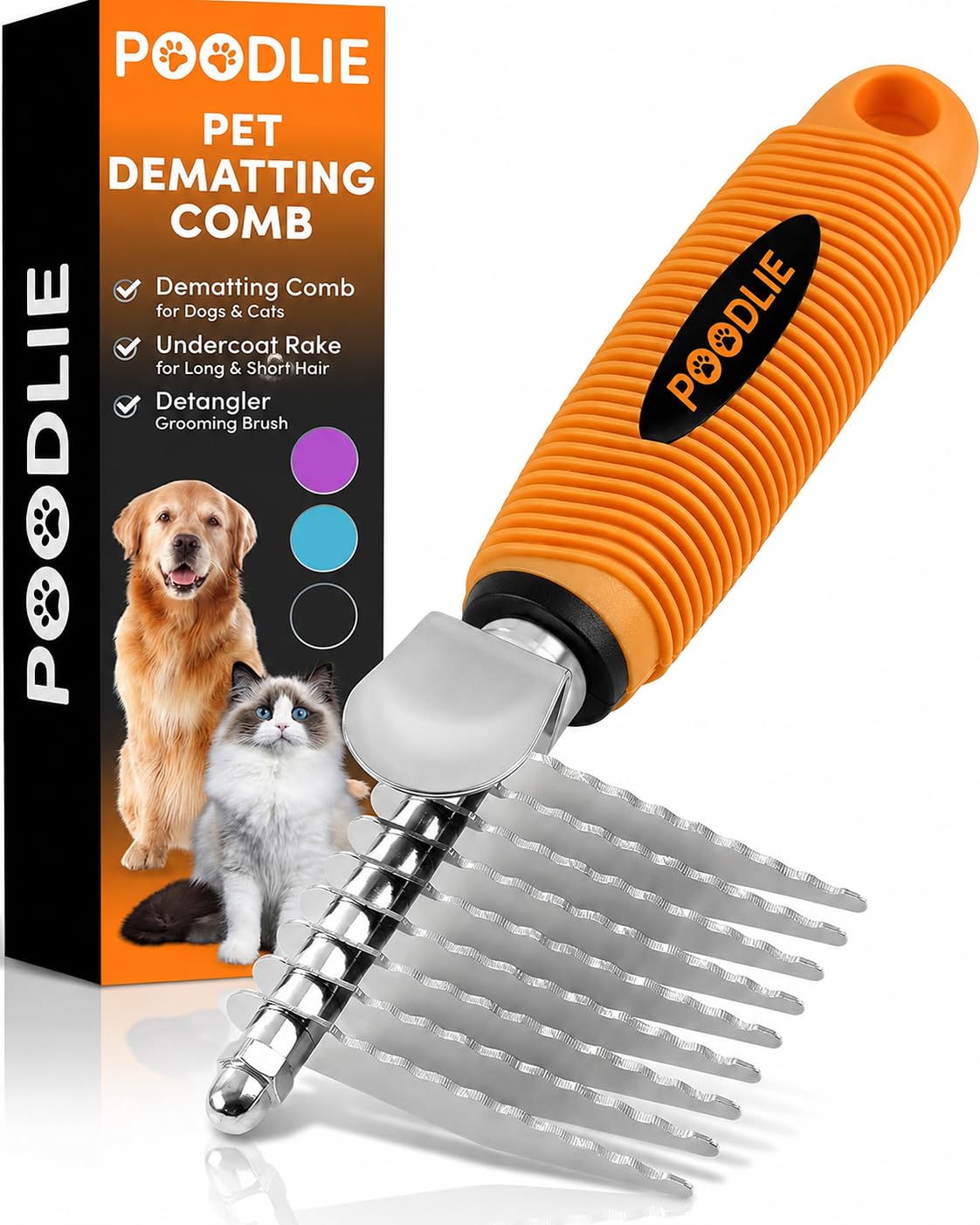 Poodle Dematting Fur Rake Comb Brush for Dogs and Cats - Long 2.5" Steel Safety Blades Metal Comb for Detangling Matted or Knotted Undercoat Hair