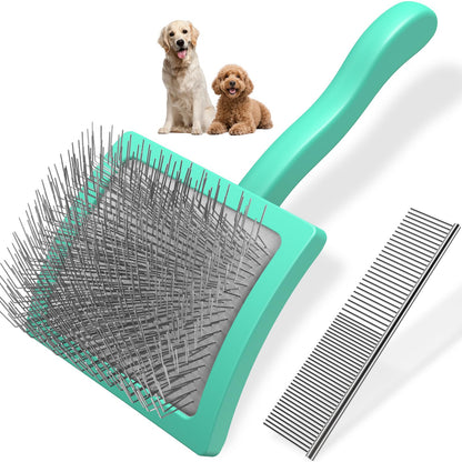 2PCS Slicker Brush for Dogs & Pet Comb,Professional Dog Grooming Brush (Goldendoodles,Poodles,Labradoodles) with Extra Long Pins to Effectively Remove Tangles, Knots and Mats (Blue, Large)