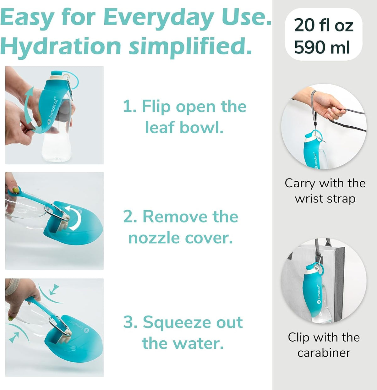 LumoLeaf Dog Water Bottle for Walking, Portable Pet Water Dispenser with Foldable Leaf Bowl – Lightweight Travel Bottle for Small & Medium Dogs, 20 fl oz