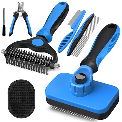 Professional 3PCS Self Cleaning Slicker Brush & Pet Grooming Rake & Flea Comb for Dogs,Cats and Horses | Double-Sided Dematting Comb & Skin Friendly Deshedding Grooming Tool | Pet Supplies (Blue)