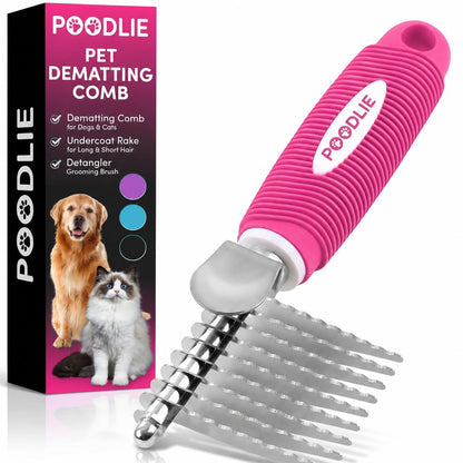 Poodle Dematting Fur Rake Comb Brush for Dogs and Cats - Long 2.5" Steel Safety Blades Metal Comb for Detangling Matted or Knotted Undercoat Hair