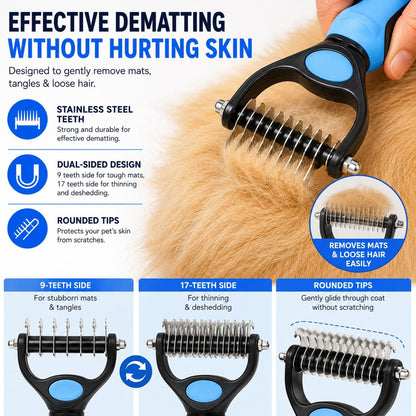 Pet Grooming Gloves for Dogs & Cats - 2-in-1 Deshedding Glove & Dematting Brush Set, Gentle Silicone Massage Mitt for Long & Short Hair, Professional Undercoat Rake