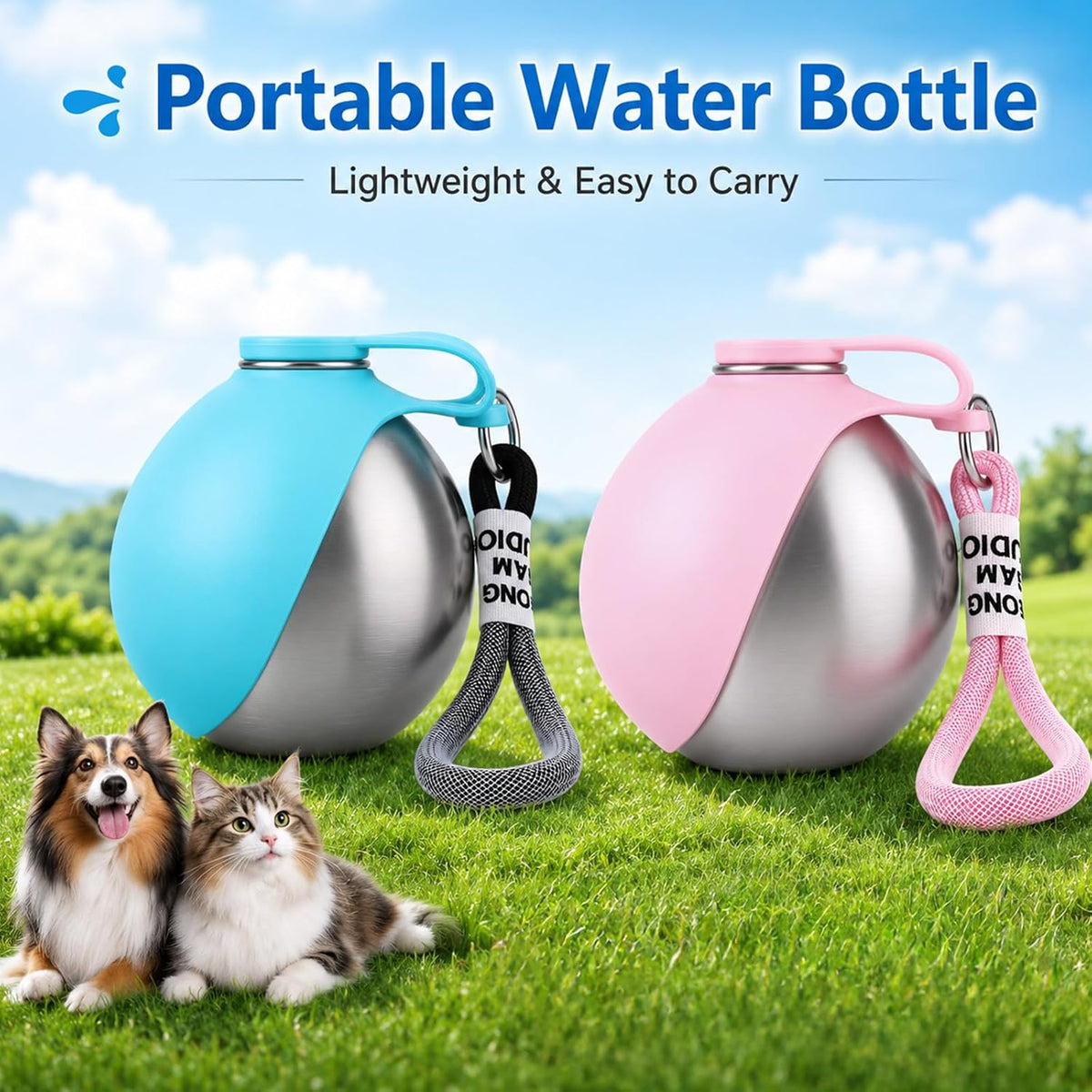 2 in 1 Portable Tumbler for Dogs, Portable Dog Water Ball, 10oz Stainless Steel Pet Water Dispenser with Silicone Foldable Bowl, Leak Proof, Portable Small Dog Water Bottle for Walking, Hiking(Blue)