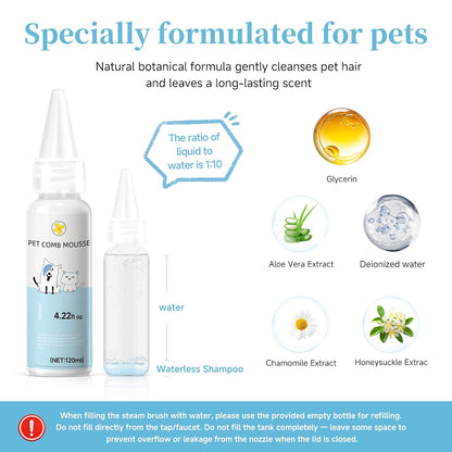 Pet Steam Brush for Dog, cat brushes for indoor cats - 1 Waterless Shampoo