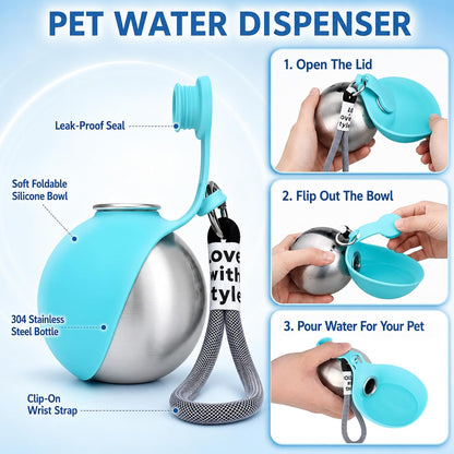2 in 1 Portable Tumbler for Dogs,Portable Dog Water Ball,10Oz Stainless Steel Dog Water Bottle with Silicone Foldable Bowl, Leak-Proof 2 in 1 Portable Small Dog Water Bottle for Walking