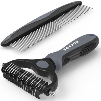 Docrok Pet Grooming Brush and Metal Comb Combo for Dogs & Cats, Green