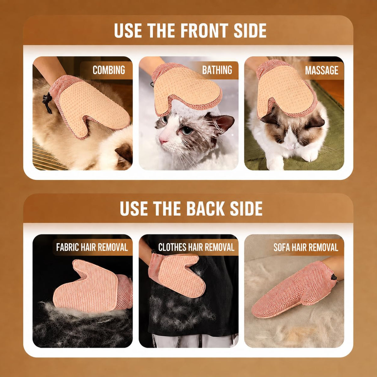 Pet Hair Removal Glove, Double-Sided Grooming Glove for Cats/Dogs/Fabric