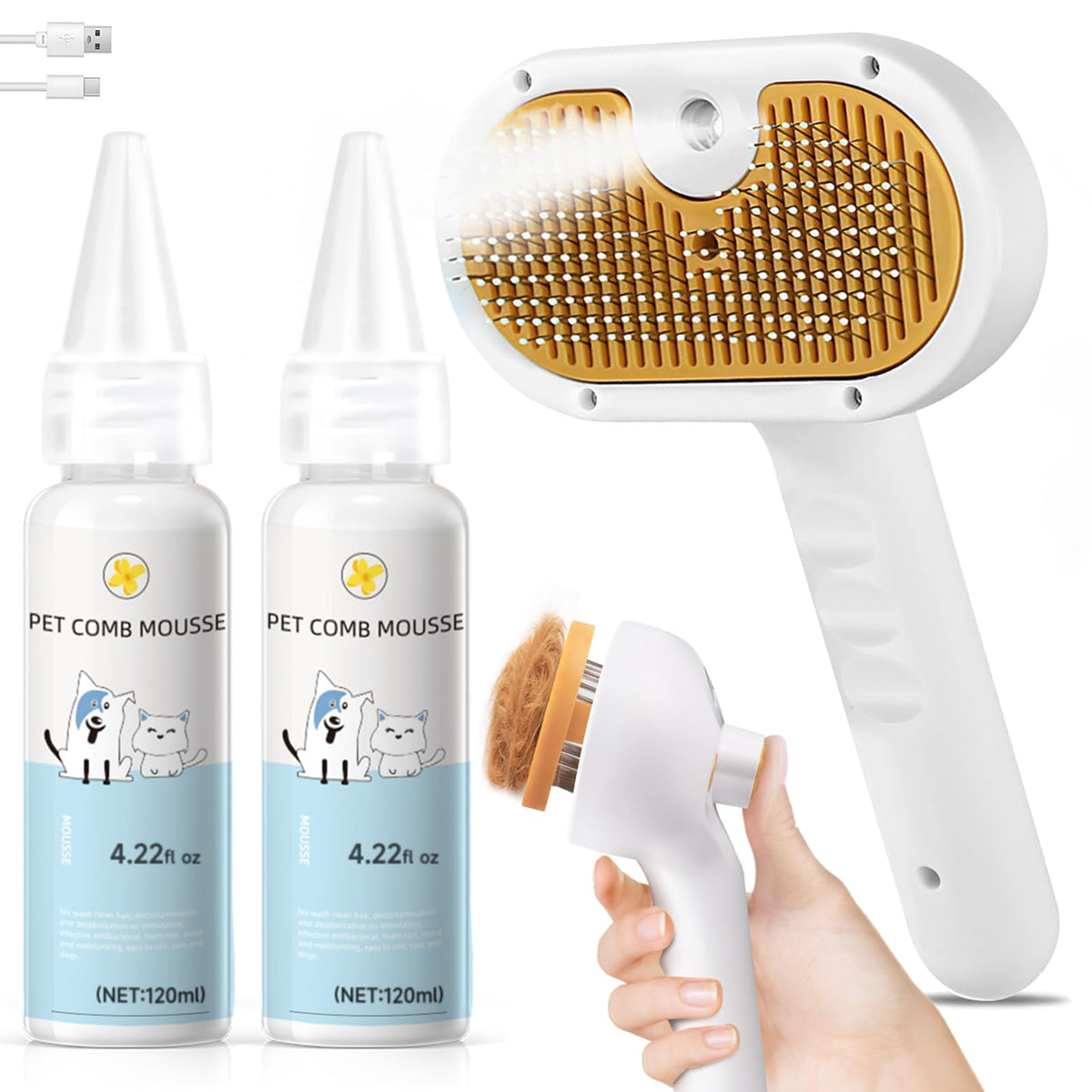 Pet Steam Brush for Dog & Cat Includes Waterless 2*Shampoo