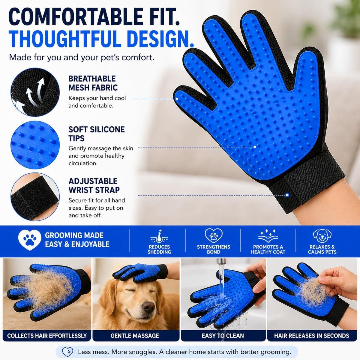 Pet Grooming Gloves for Dogs & Cats - 2-in-1 Deshedding Glove & Dematting Brush Set, Gentle Silicone Massage Mitt for Long & Short Hair, Professional Undercoat Rake