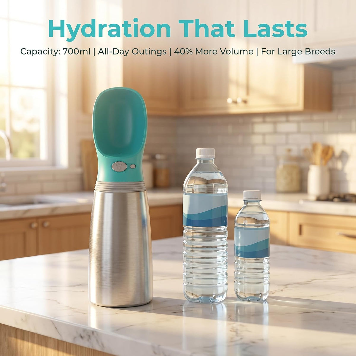 Dog Water Bottle, 23.67 oz Portable Stainless Steel Pet Water Dispenser
