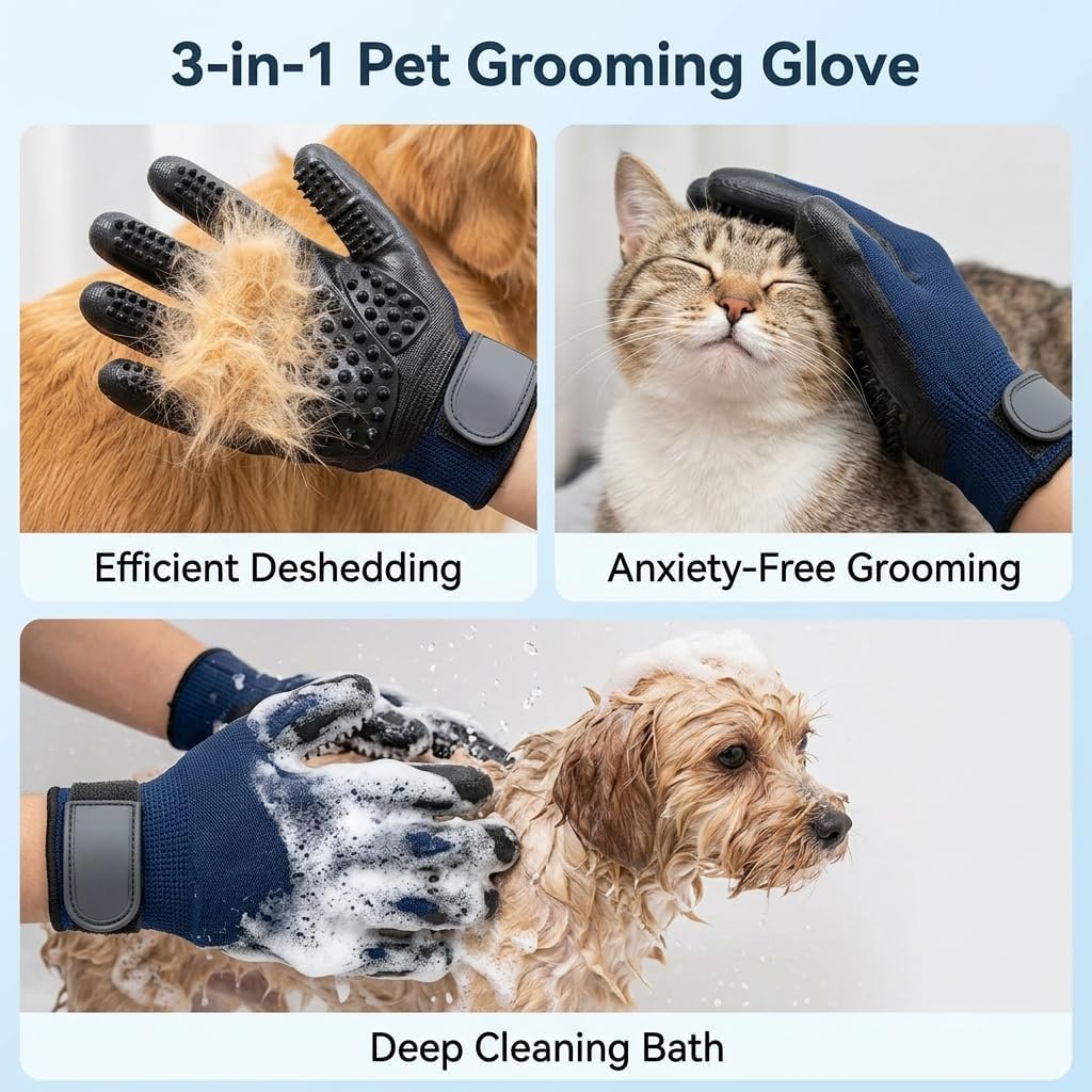 Pet Grooming Gloves for Dogs and Cats (1 Pair, Dark Blue) - Deshedding Hair Remover Mitt with Massage Function, Breathable 3D Mesh & Adjustable Wrist Strap, Fits Long & Short Fur
