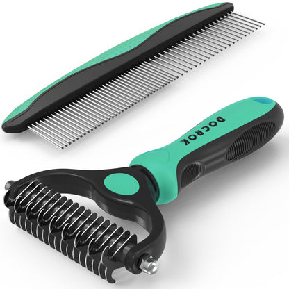 Docrok Pet Grooming Brush and Metal Comb Combo for Dogs & Cats, Green