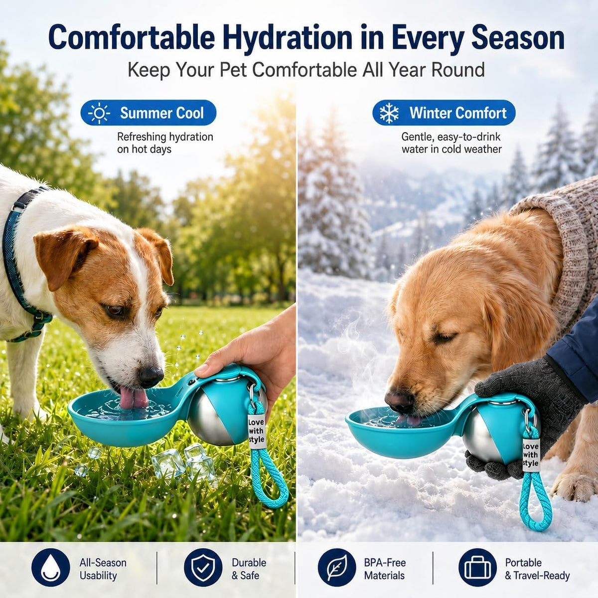 2 in 1 Portable Dog Water Bottle, 285ml Foldable Dog Travel Water Bottle with Silicone Bowl, Leak Proof Pet Water Bottle for Travel, Walks, Hikes, Park Visits, Tainless Steel (Blue)
