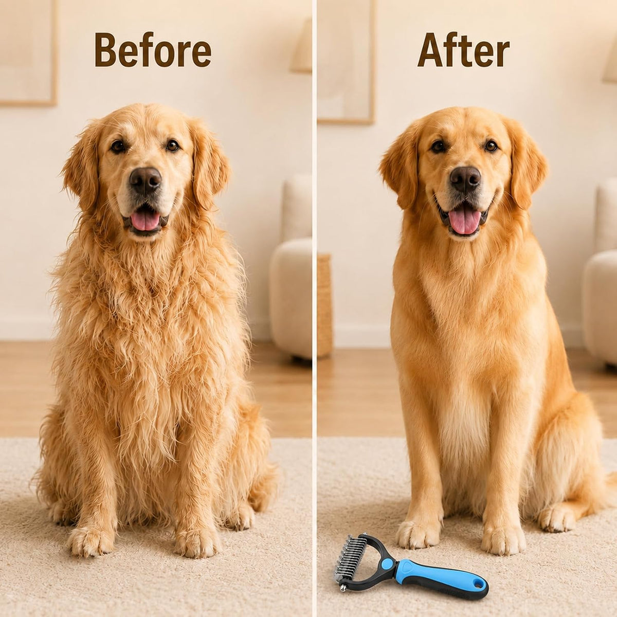 Comb for Dogs and Cats, Undercoat Rake Pet Brush for Long Hair (Blue-L)