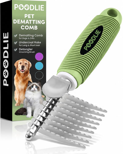 Poodle Dematting Fur Rake Comb Brush for Dogs and Cats - Long 2.5" Steel Safety Blades Metal Comb for Detangling Matted or Knotted Undercoat Hair