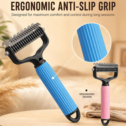 Pet Grooming Brush, Double-Sided Deshedding Dematting Tool for Dogs & Cats, Detangling Tool For Matted Fur, Ideal For Medium Or Long Haired Breeds (Blue)