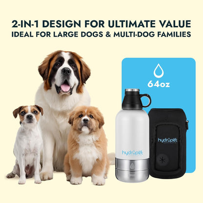 Hydropet Portable Dog Water Bottle (32 oz) - Insulated Dogs & Cats Travel Bottles, Stainless Steel - Detachable Dog Food Bowl and Water Bowl - Great for Daily Walks - Puppy Essentials & Accessories