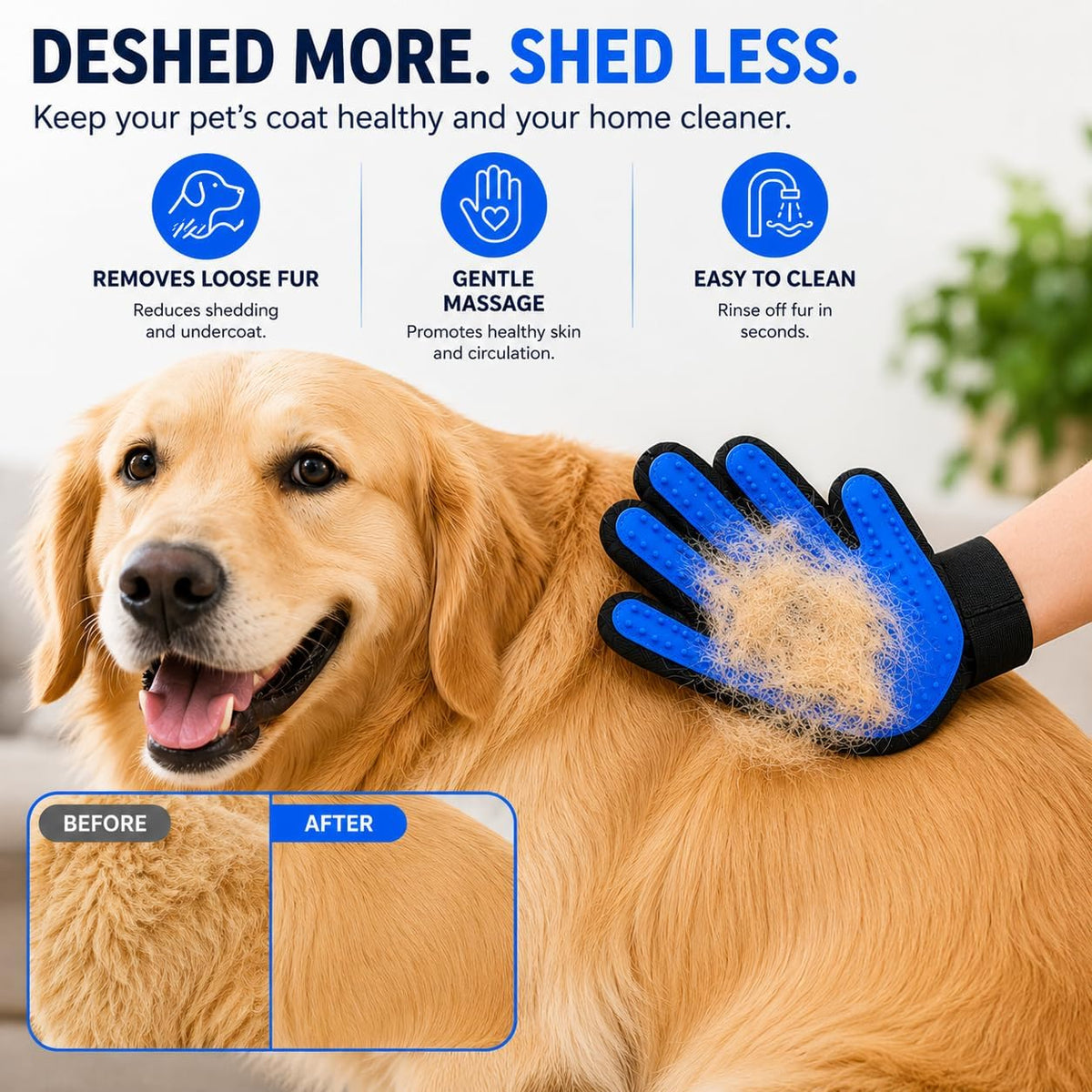 Pet Grooming Gloves for Dogs & Cats - 2-in-1 Deshedding Glove & Dematting Brush Set, Gentle Silicone Massage Mitt for Long & Short Hair, Professional Undercoat Rake