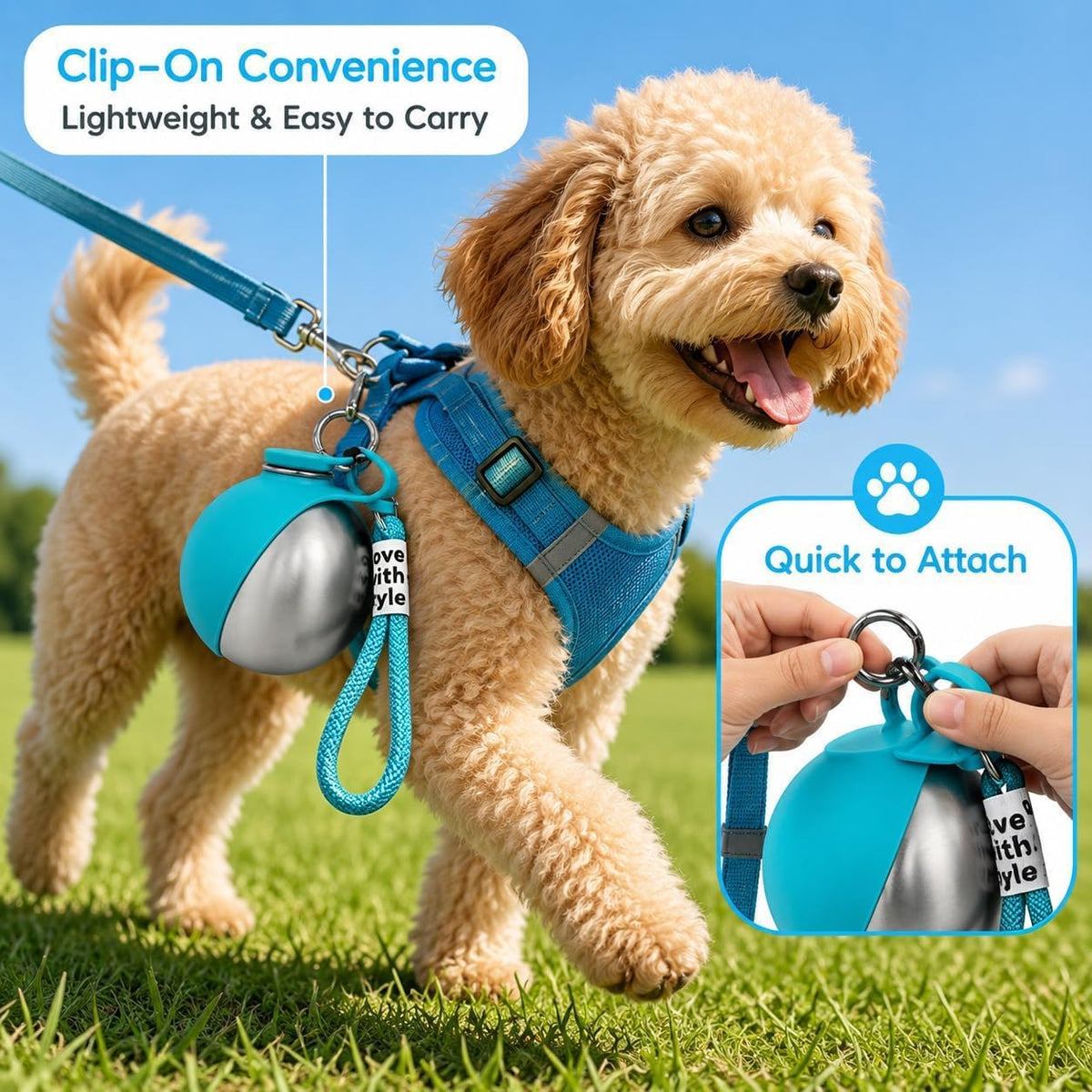2 in 1 Portable Dog Water Bottle, 285ml Foldable Dog Travel Water Bottle with Silicone Bowl, Leak Proof Pet Water Bottle for Travel, Walks, Hikes, Park Visits, Tainless Steel (Blue)