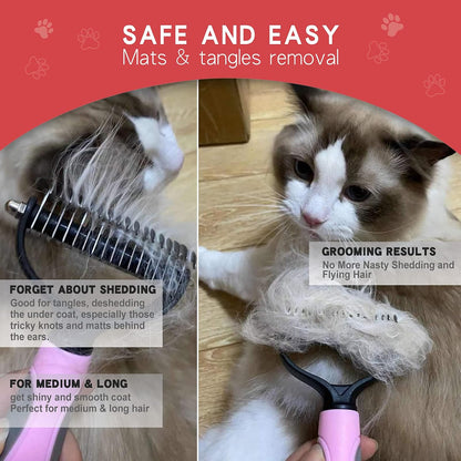 Double-Sided Undercoat Rake for Deshedding & Dematting Pets - Gentle Grooming Glove Kit for Dogs & Cats (Pink, 2 Pack)