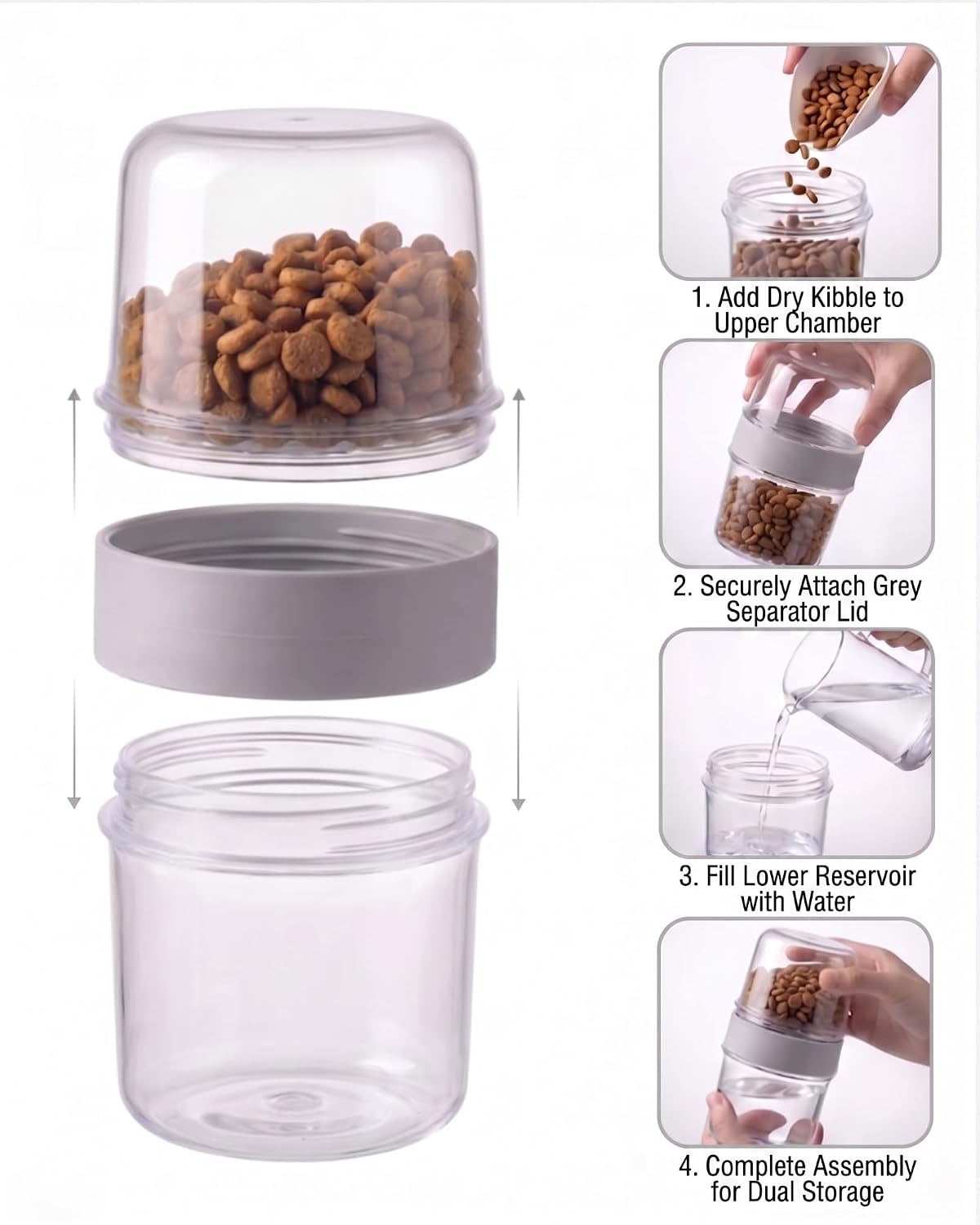 Portable Pet Travel Water Bottle and Food Container - 2-in-1 Detachable Dog Travel Cup for Walking, Hiking and Traveling - Leak-Proof, BPA Free & Food Grade Safety Material (Gray, Small Size)