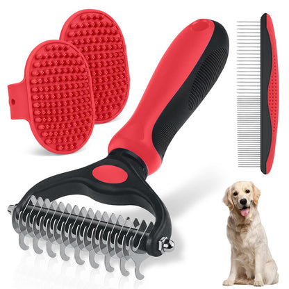 Pet Grooming Rake for Dogs and Cats - Double-Sided Deshedding Dematting Tool, 4-in-1 Undercoat Rake & Metal Comb for Long and Short Haired Pets, Reduces Shedding by 95%, 4Pack