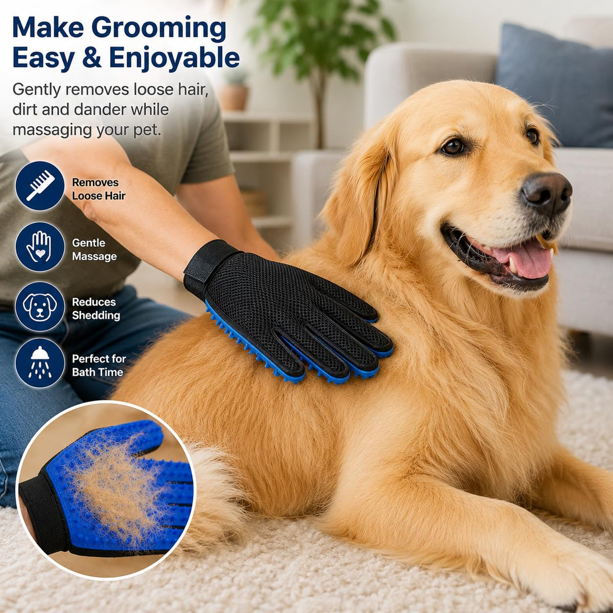 Pet Grooming Glove with 266 Needles, Hair Deshedding Brush for Cats and Dogs, Massage Bath Hair Remover Comb
