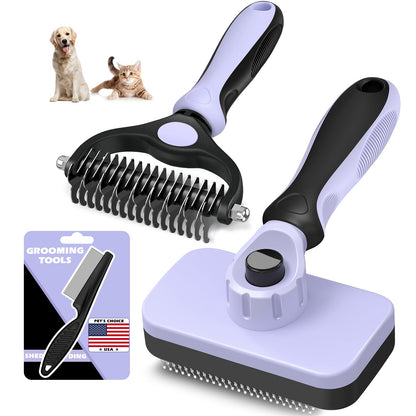 Professional 3PCS Self Cleaning Slicker Brush & Pet Grooming Rake & Flea Comb for Dogs,Cats and Horses | Double-Sided Dematting Comb & Skin Friendly Deshedding Grooming Tool | Pet Supplies (Blue)