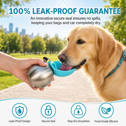 2 in 1 Portable Tumbler for Dogs,Portable Dog Water Ball,10Oz Stainless Steel Dog Water Bottle with Silicone Foldable Bowl, Leak-Proof 2 in 1 Portable Small Dog Water Bottle for Walking
