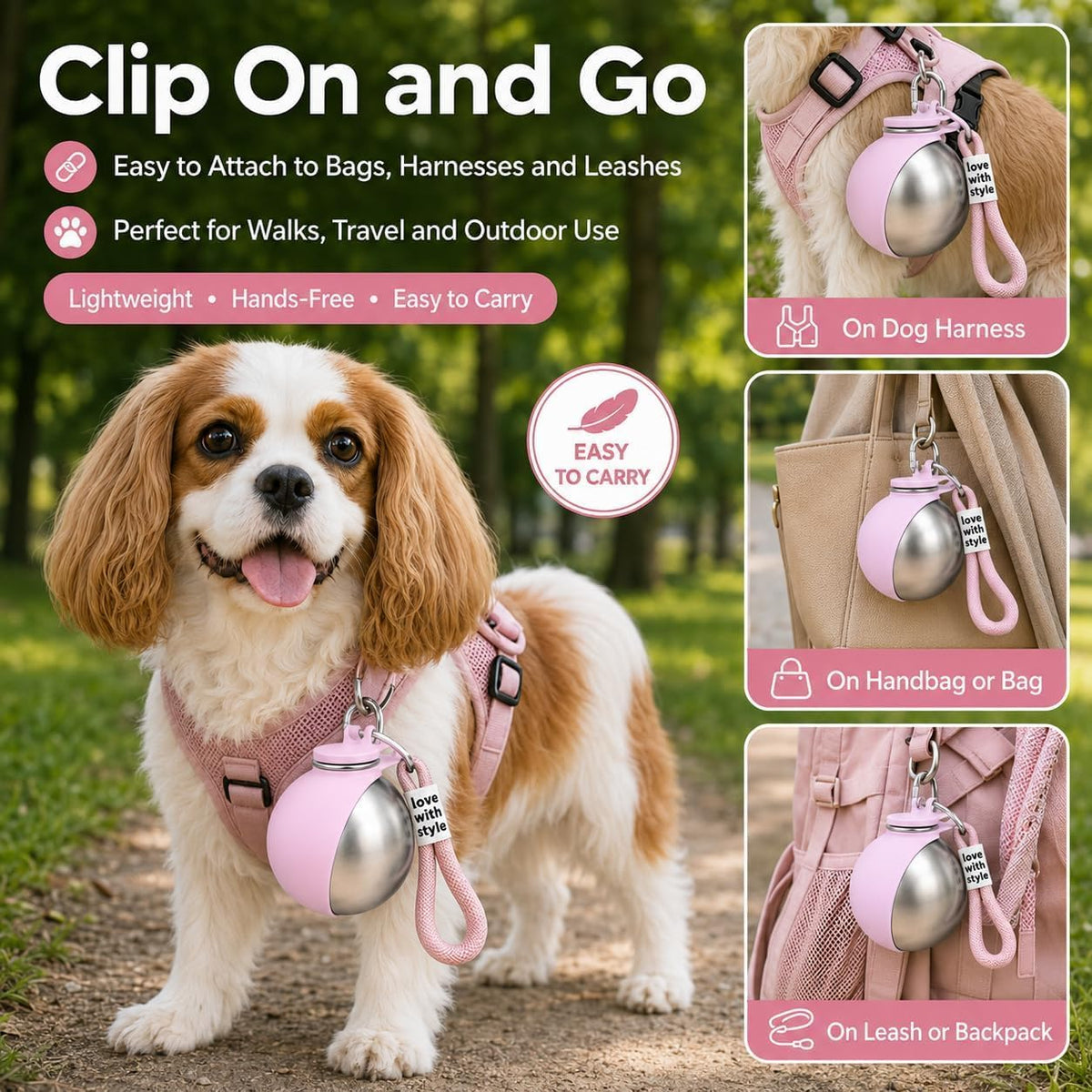 2 in 1 Portable Dog Water Bottle, 285ml Foldable Dog Travel Water Bottle with Silicone Bowl, Leak Proof Pet Water Bottle for Travel, Walks, Hikes, Park Visits, Tainless Steel (Pink)