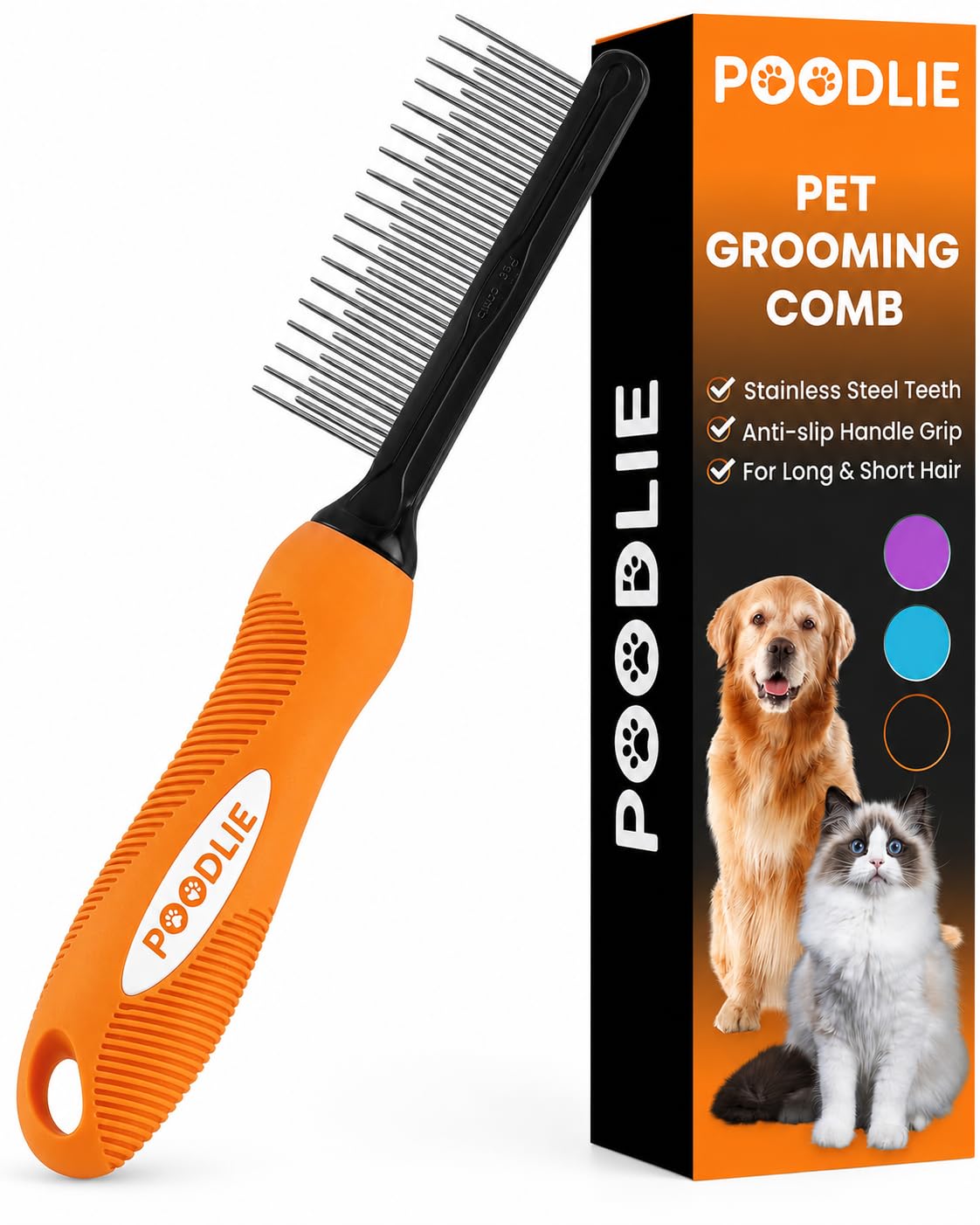 Poodle Dematting Fur Rake Comb Brush for Dogs and Cats - Long 2.5" Steel Safety Blades Metal Comb for Detangling Matted or Knotted Undercoat Hair