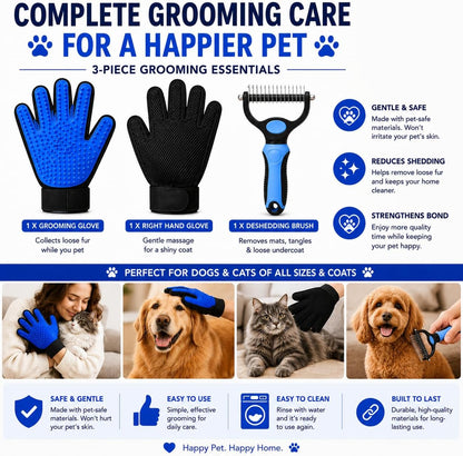 Pet Grooming Gloves for Dogs & Cats - 2-in-1 Deshedding Glove & Dematting Brush Set, Gentle Silicone Massage Mitt for Long & Short Hair, Professional Undercoat Rake
