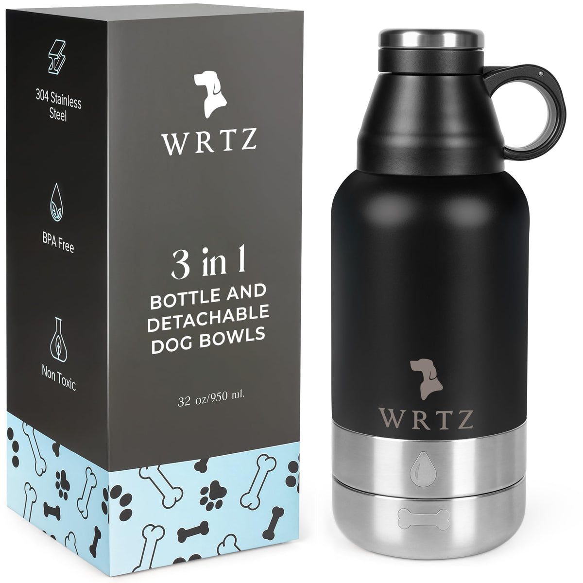 Portable Dog Water Bottle with 2 Removable Water Bowls for Dogs – Leak-Proof Insulated Stainless Steel Dog Water Bottle - Travel Accessories for Dogs - 32oz - Teal