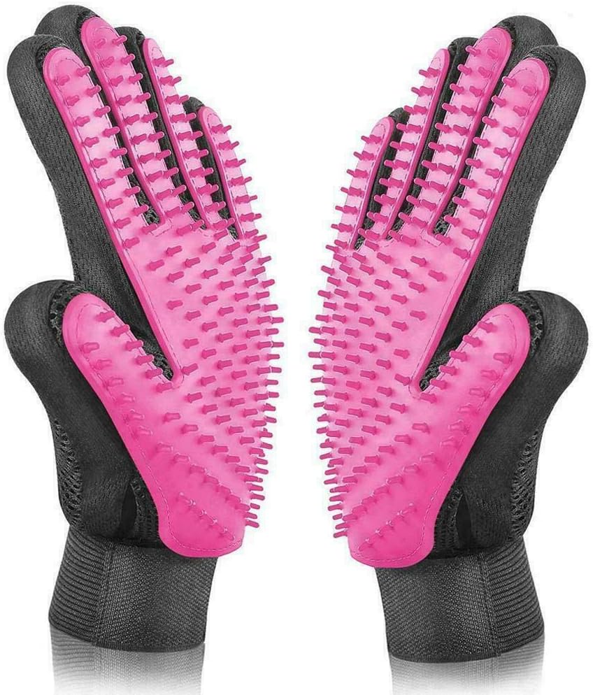 1 Pair Pet Hair Remover Gloves Dog Cat Brush Bath Grooming Massage Cleaning Tool Pet Hair Brush Fur Remover Gloves Massage Grooming Soft Silicone Carding Tool for Kitten Puppy (Pink)