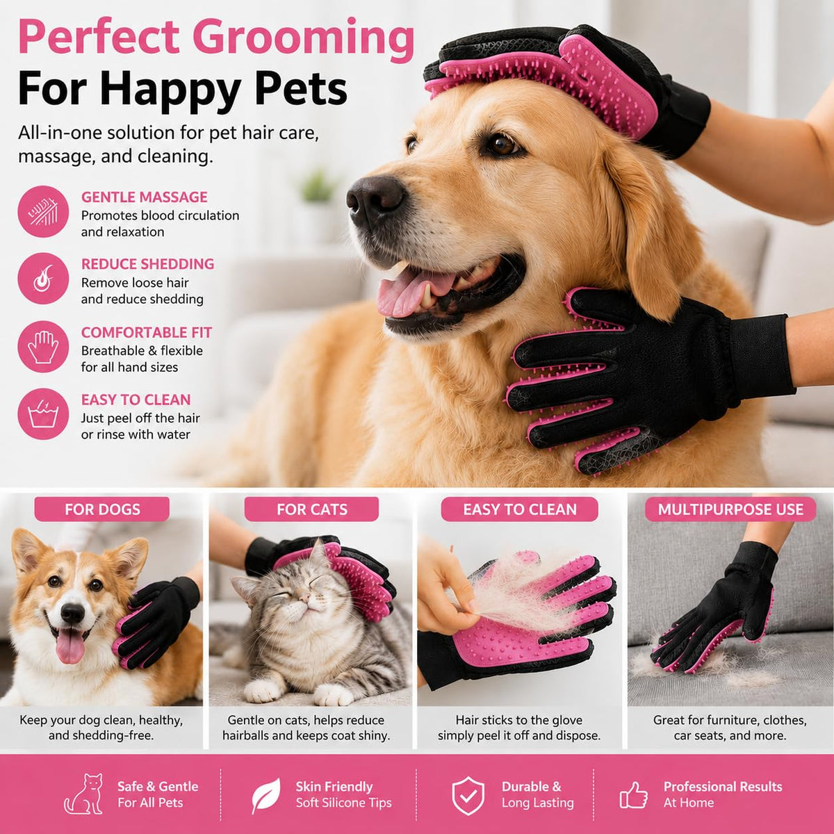 Pet Grooming Gloves – Deshedding & Bath Brush Gloves for Dogs, Cats & Horses, Gentle Hair Remover & Massage Mitt (Pink)