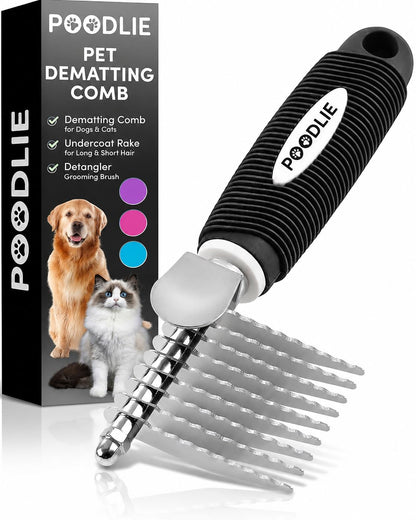 Poodle Dematting Fur Rake Comb Brush for Dogs and Cats - Long 2.5" Steel Safety Blades Metal Comb for Detangling Matted or Knotted Undercoat Hair