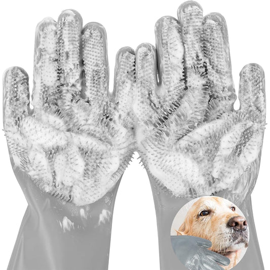 Pet Grooming Gloves, 5-Finger Silicone Dog Bath Scrubber with High-Density Teeth, Reusable Washing Massage Gloves for Dogs & Cats（Grey）