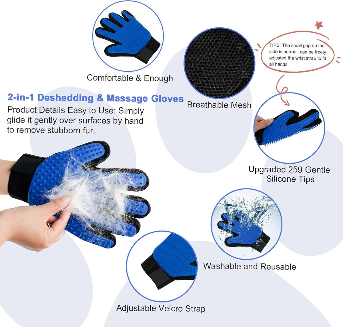 3 Pack Pet Hair Removal Tools for Dog & Cat Five-Finger Hair Remover Gloves