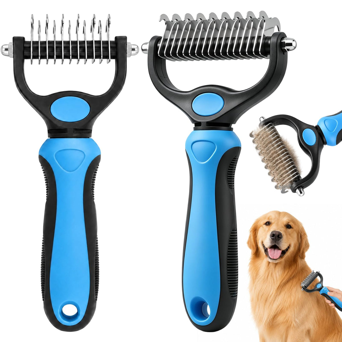 Comb for Dogs and Cats, Undercoat Rake Pet Brush for Long Hair (Blue-L)