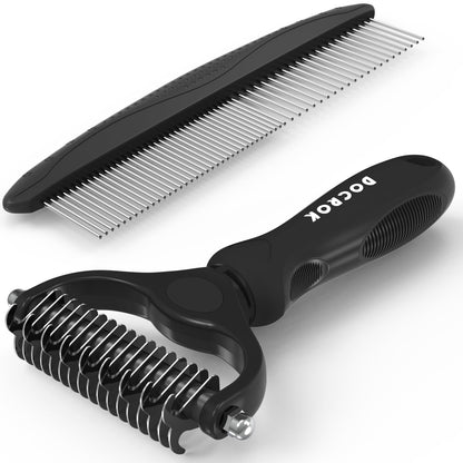 Docrok Pet Grooming Combo - Blue Deshedding Brush with Metal Comb for Detangling and Dematting Long, Matted Fur on Cats and Dogs