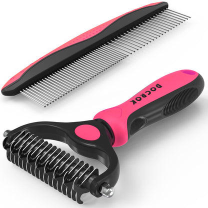 Docrok Pet Grooming Combo - Blue Deshedding Brush with Metal Comb for Detangling and Dematting Long, Matted Fur on Cats and Dogs
