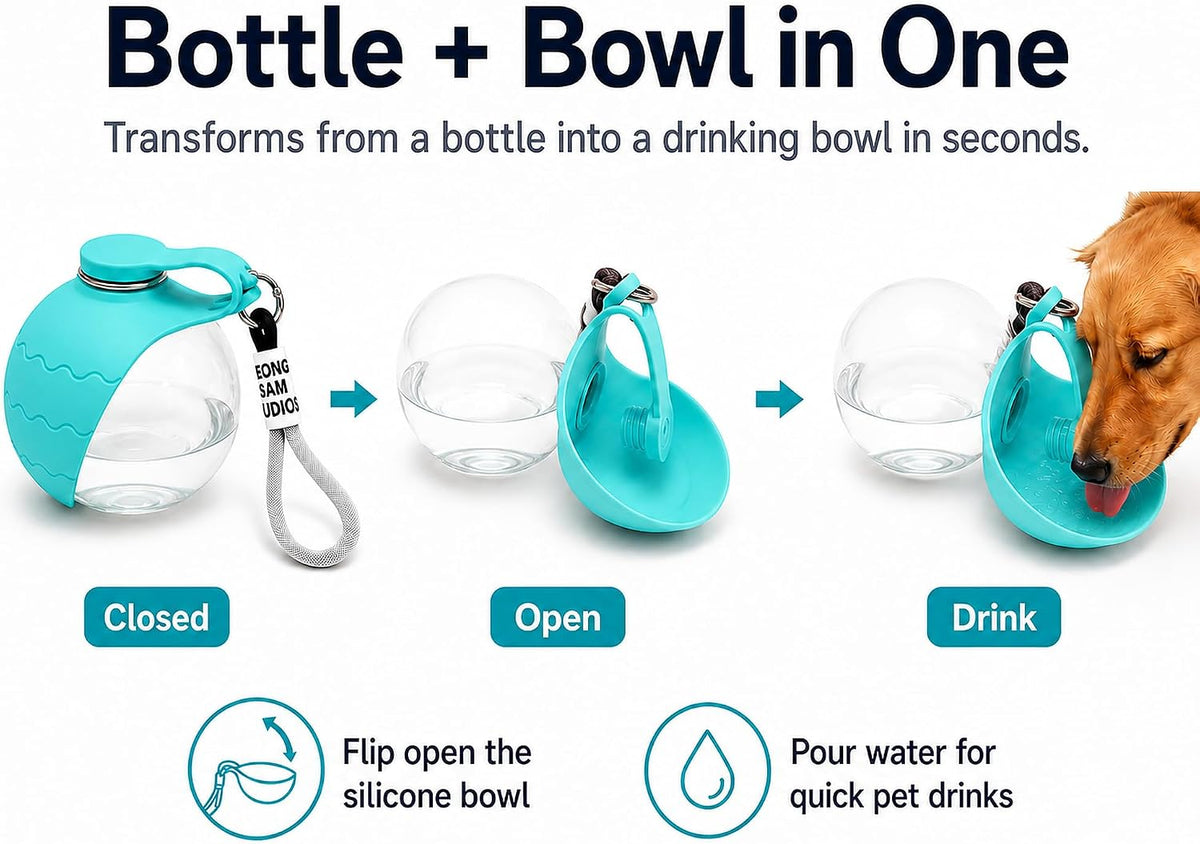 2-in-1 Portable Dog Water Bottle with Foldable Bowl, 10 oz, Plastic-Blue