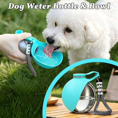 Dog Water Bottle Portable - Travel Dogs Walking Bottles for Drinking 2 in 1 Foldable Stainless Steel Pet Waters Dispenser Silicone Bowl Leakproof for Puppy Outdoor