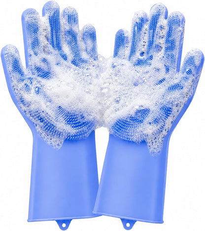 Silicone Dishwashing Gloves with Scrubber Bristles, Food-Grade Cleaning Mitts for Kitchen Dishes, Pet Grooming & Car Wash
