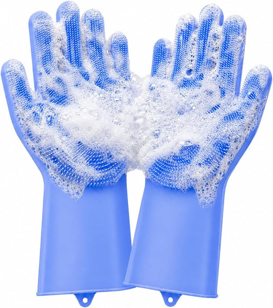 Silicone Dishwashing Gloves with Scrubber Bristles, Food-Grade Cleaning Mitts for Kitchen Dishes, Pet Grooming & Car Wash