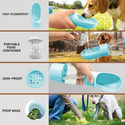 3-in-1 Portable Dog Water Bottle Leak Proof 14oz Blue