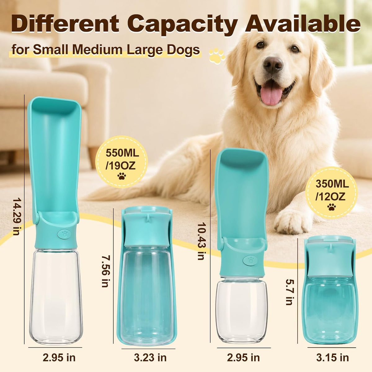 Foldable Dog Water Bottle, 12 oz Portable Pet Dispenser (Green)