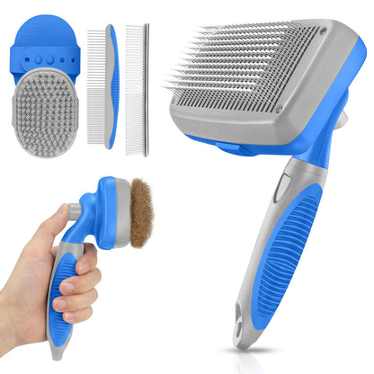 Self Cleaning Shedding Brush - 5-in-1 Professional Pet Grooming Kit Skin Friendly Grooming Tool for Dogs, Cats, and Puppies, Deshedding and Hair Removal for Long and Short Haired Pets, Blue