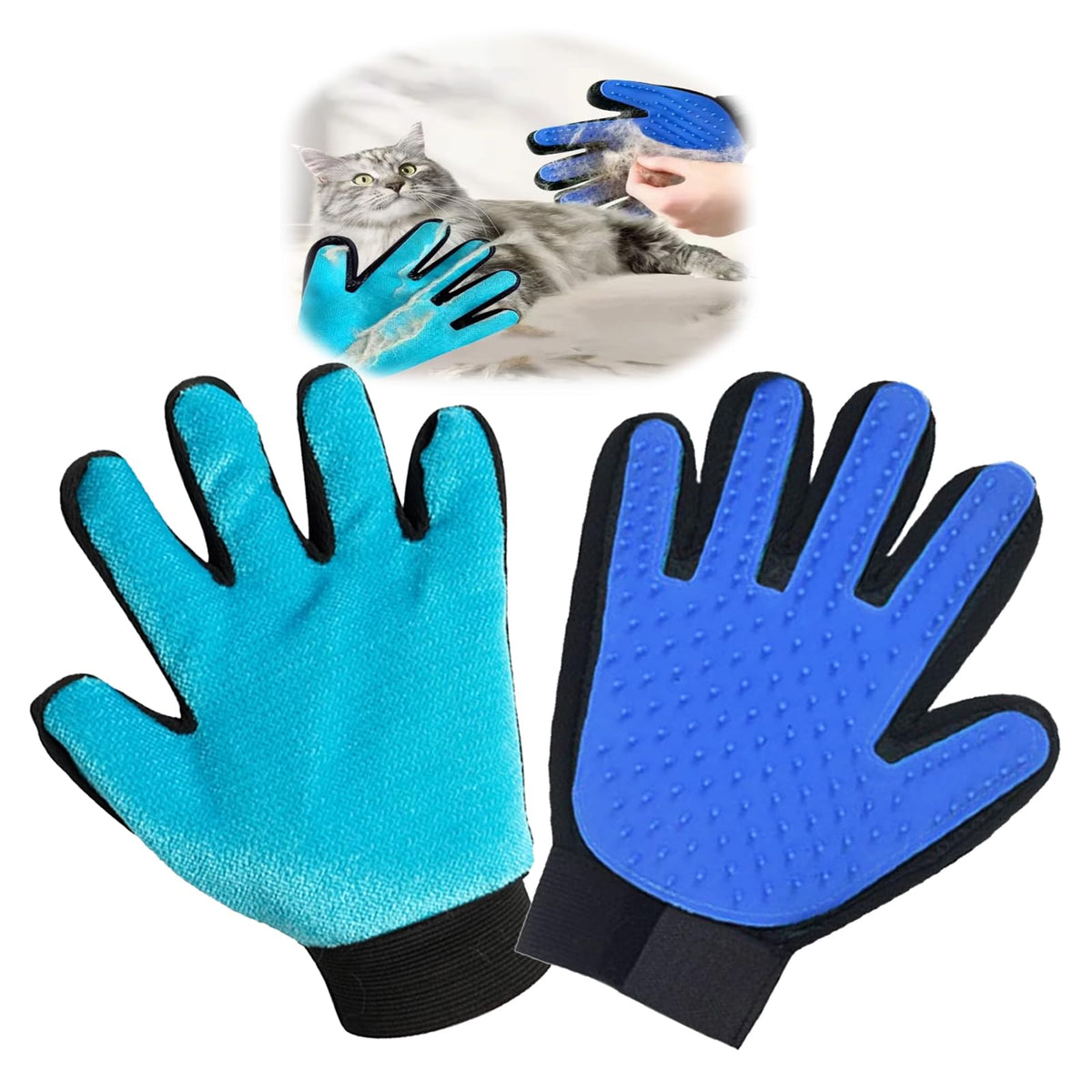 VCZONE 2 in 1 Cat Grooming Glove, Double-Sided Use Pet Hair Remover Glove, 1 Side is Gentle Grooming for Dogs, Cats, the Other is Effective Hair Remover for Furniture, Clothing (Blue, Right-Hand)