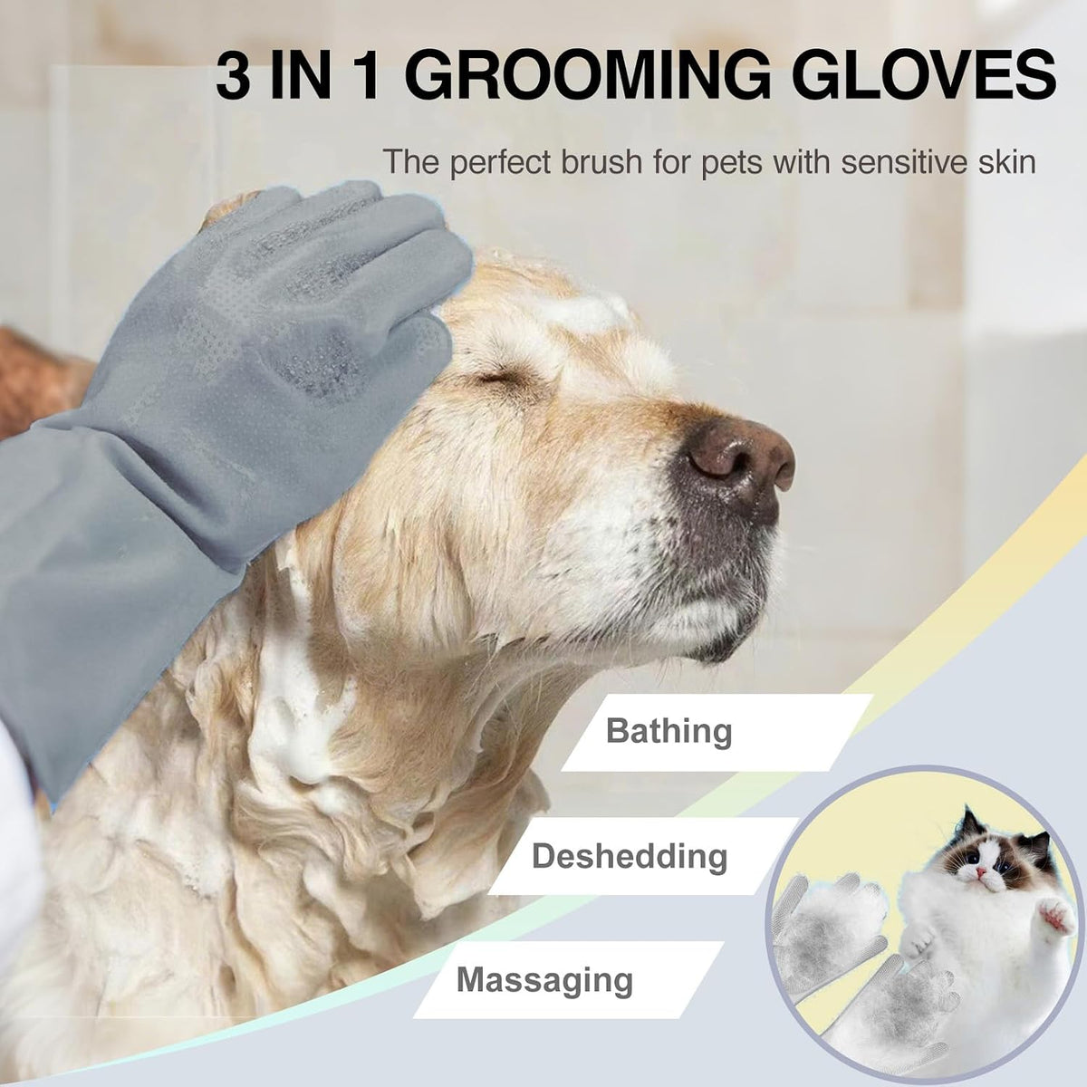 Pet Grooming Gloves, 5-Finger Silicone Dog Bath Scrubber with High-Density Teeth, Reusable Washing Massage Gloves for Dogs & Cats（Grey）